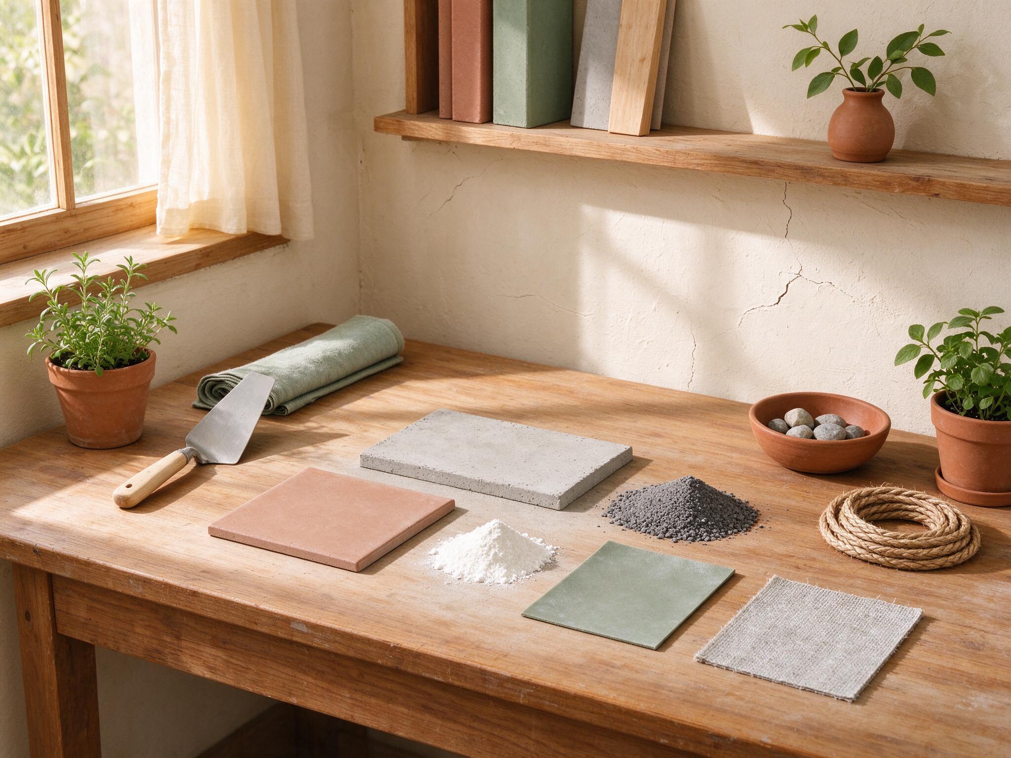 Waterproofing material samples arranged on a workbench