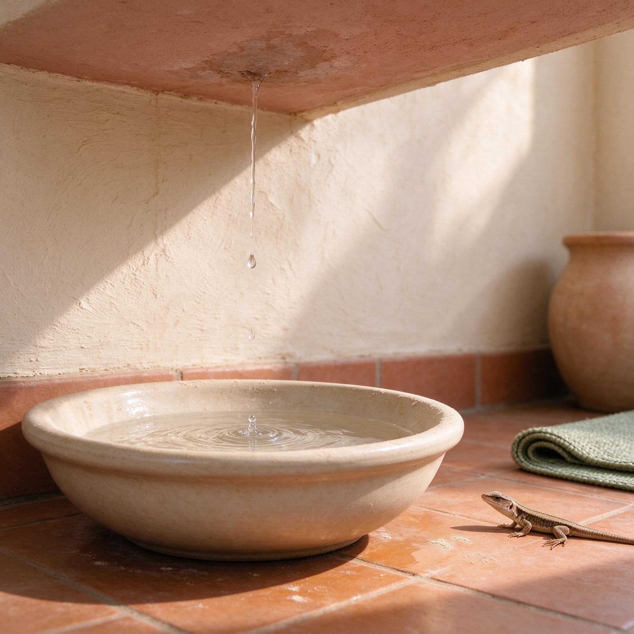 A small ceiling leak dripping into a ceramic basin